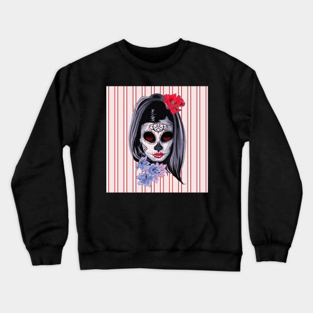 Red White and Black Striped Graphic & makeup mask,floral,flower skull Crewneck Sweatshirt by SAM DLS